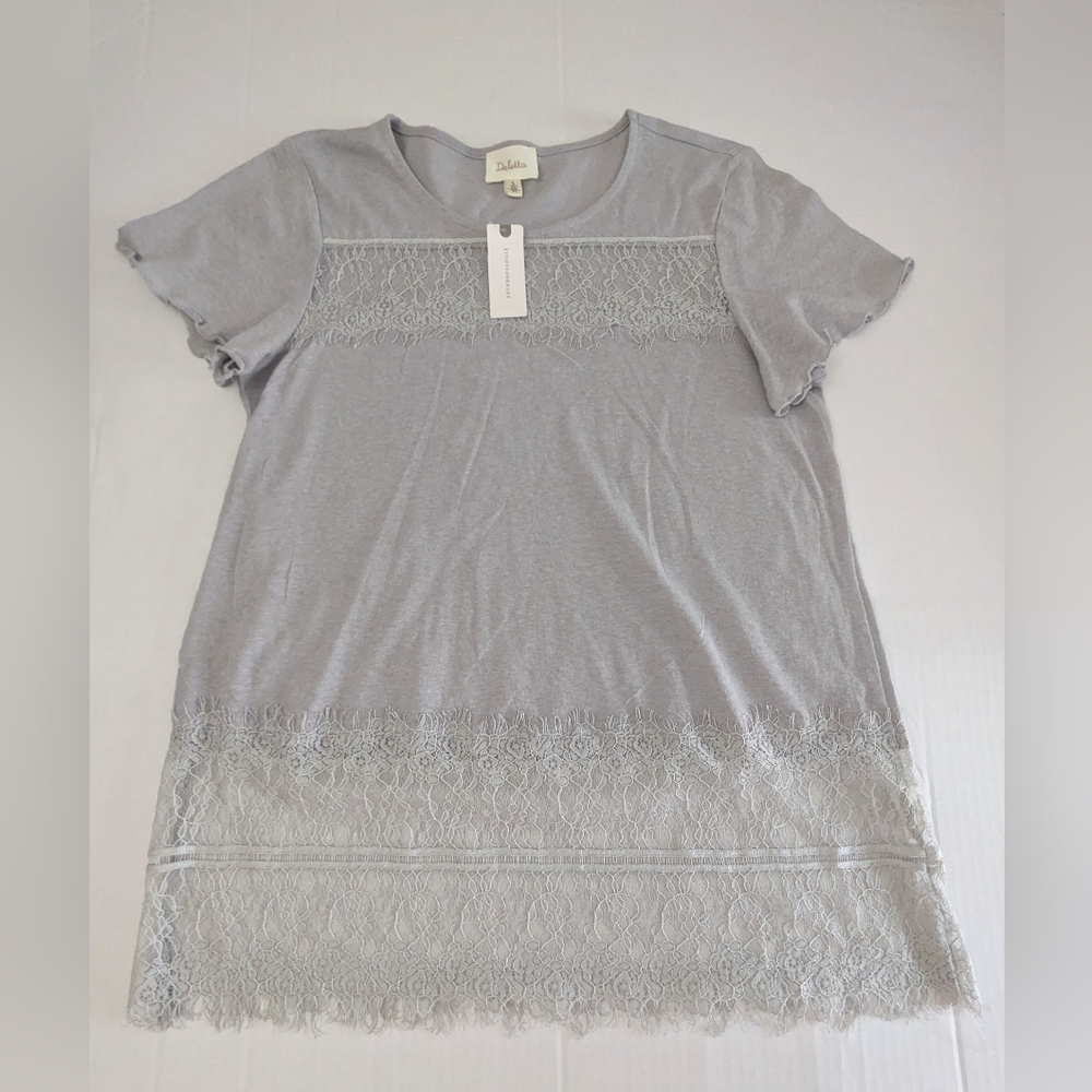 Deletta Anthropologie Women's Crew Neck Lace Grey Top Ruffle Sleeve Size S NWT